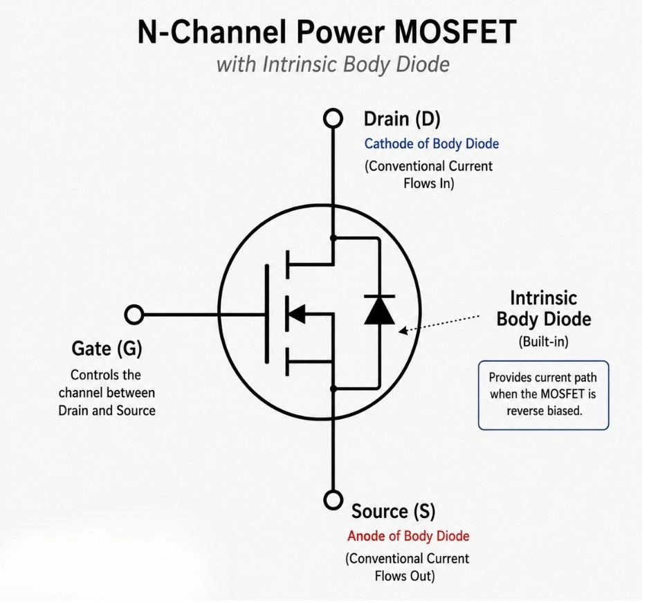 n channel power mosfet symbol with intrinsic body diode