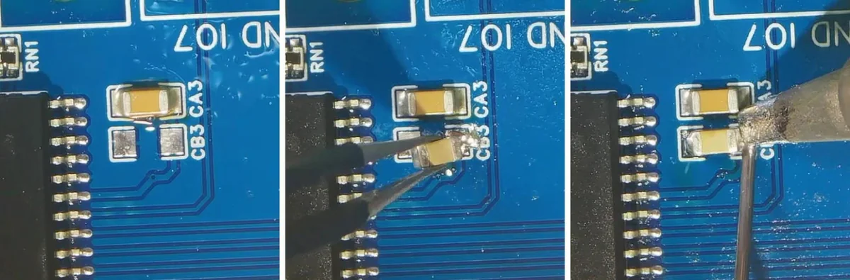 pcb repair fitting a replacement chip capacitor