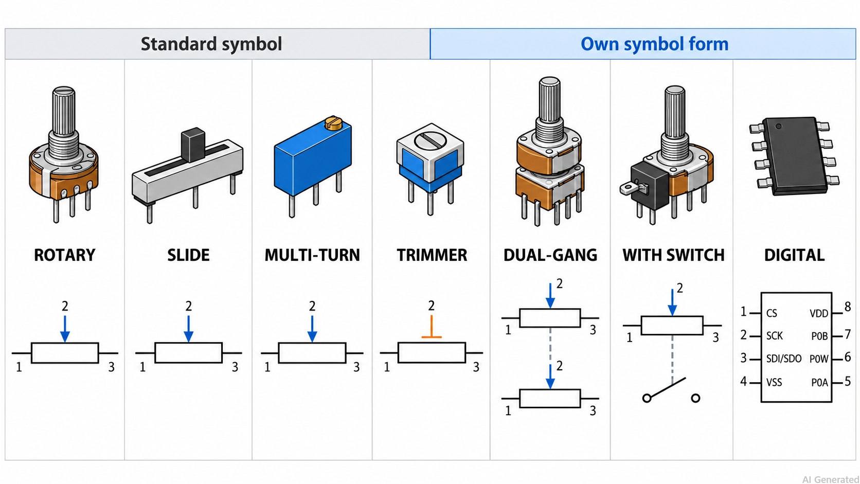 potentiometer types and their schematic symbols