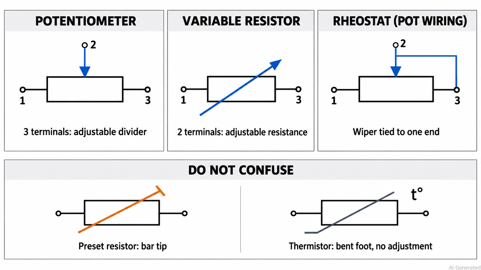 potentiometer variable resistor and rheostat symbol compared