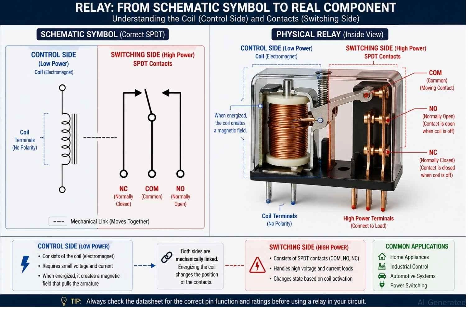 relay schematic symbol vs real component