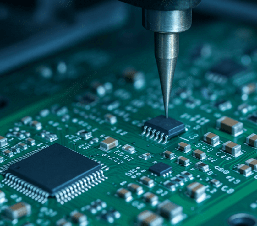robotic arm placing ic on pcb in smt assembly