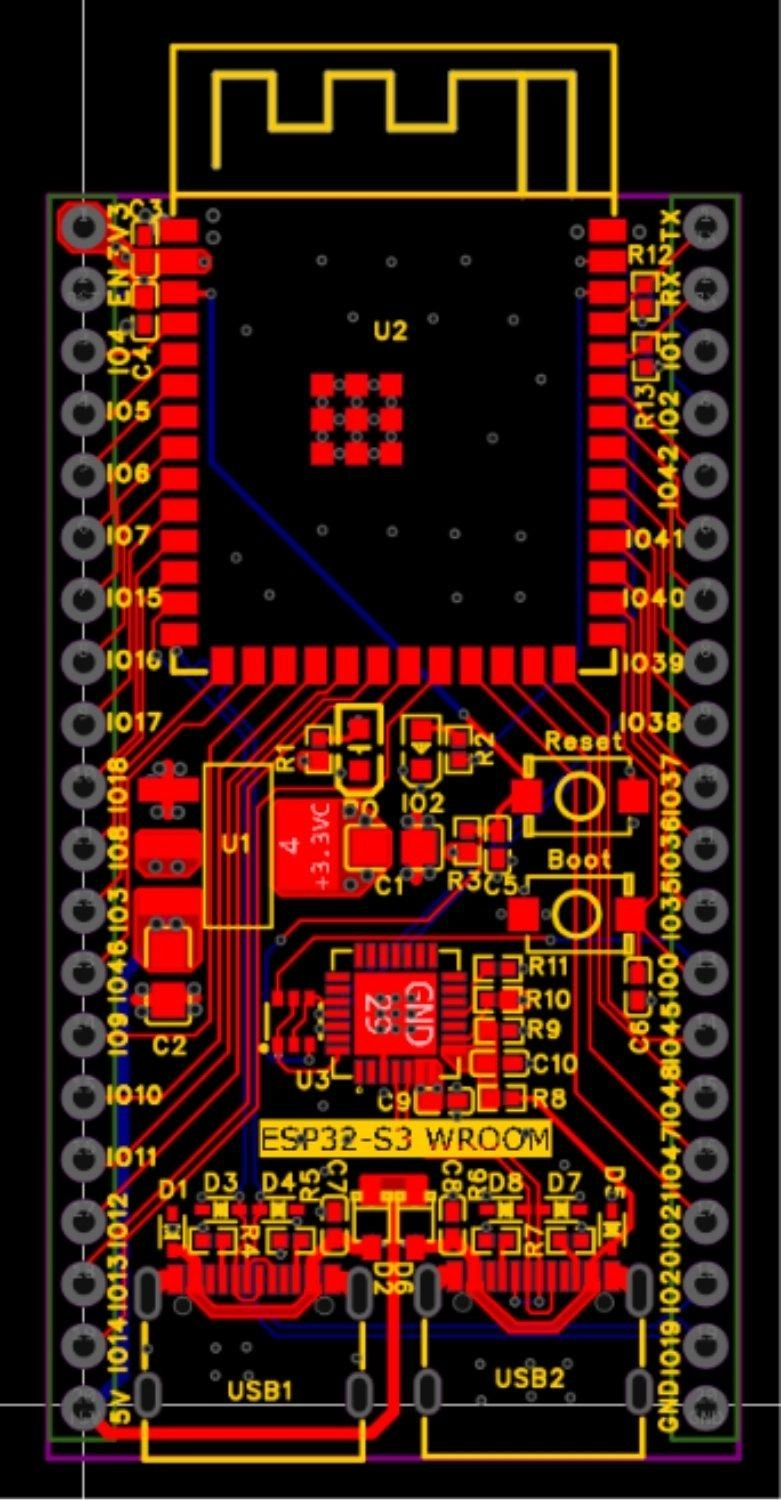 routed esp32 s3 pcb showing signal traces and power routing