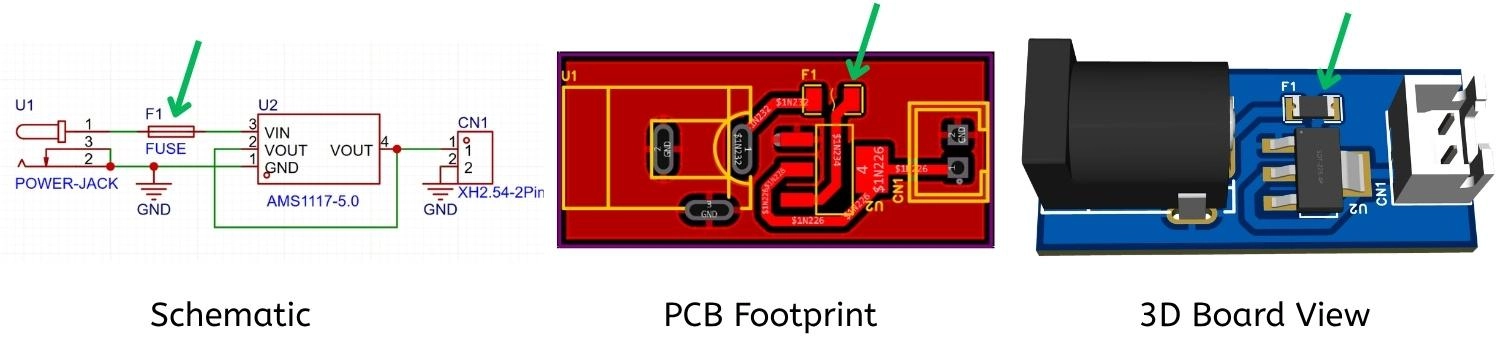 same circuit shown as schematic, pcb footprint, and 3d view