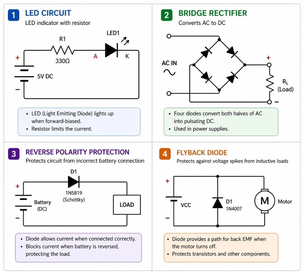 schematic diagram examples showing practical uses of diodes