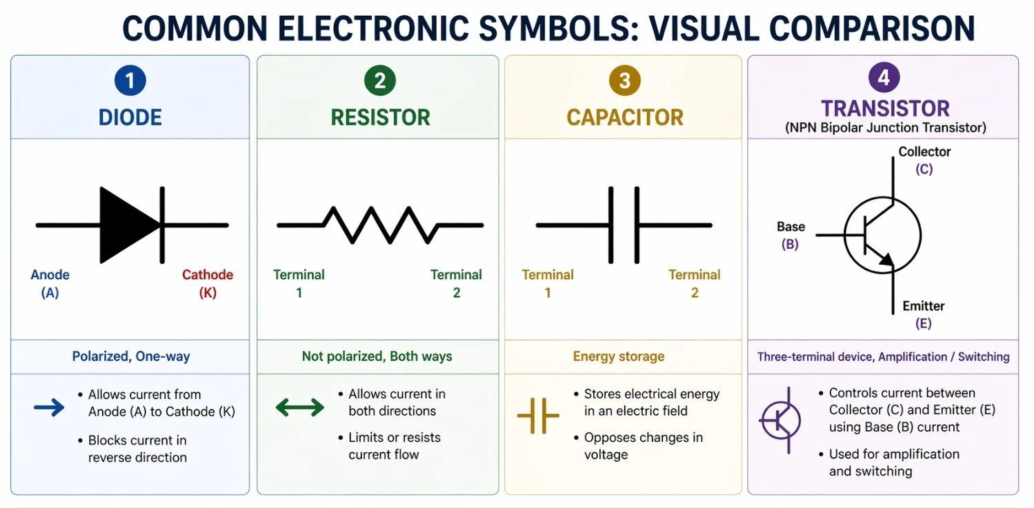 schematic symbols for a diode, resistor, capacitor