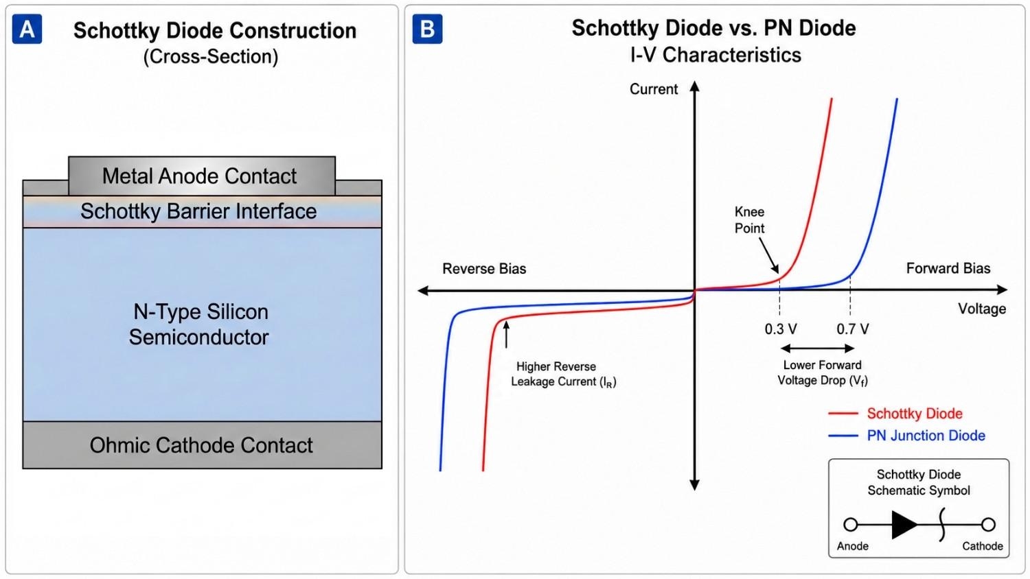 schottky diode construction and comparative i v curve