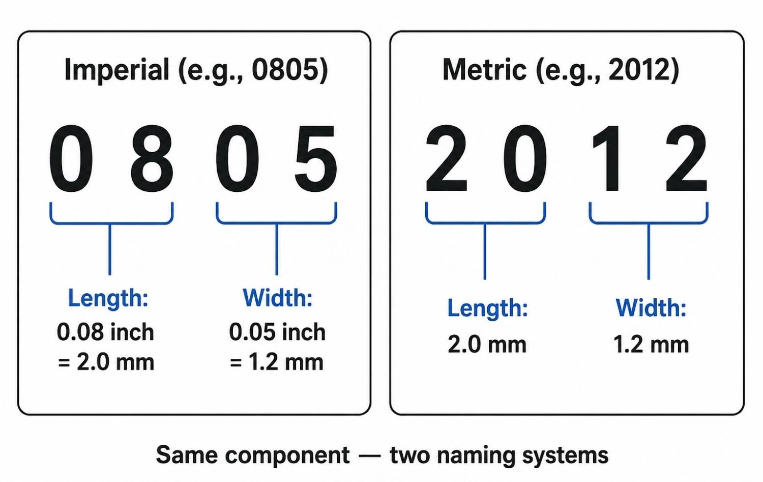 smd package codes 0805 imperial and 2012 metric