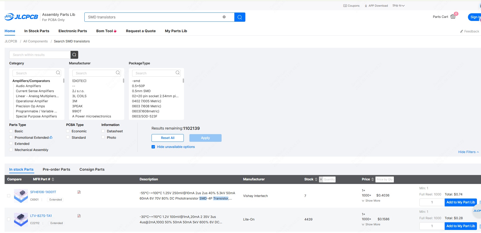 smd transistors in jlcpcb parts library