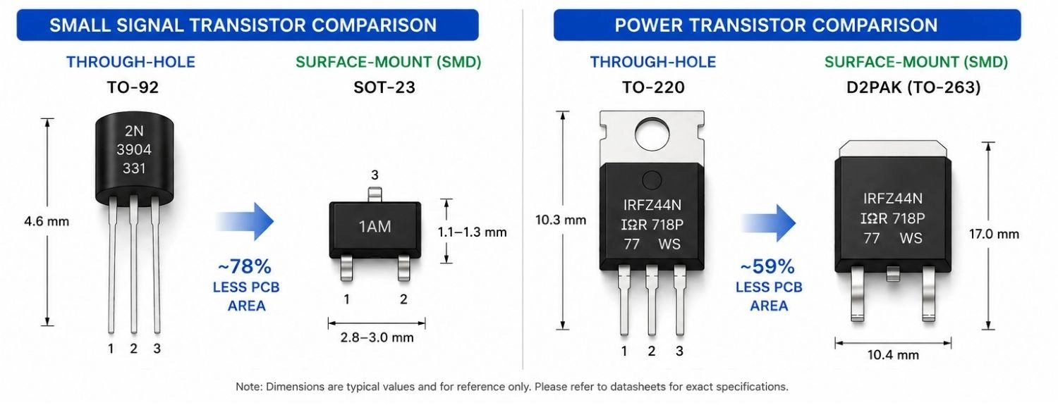 smd vs through hole transistor sizes