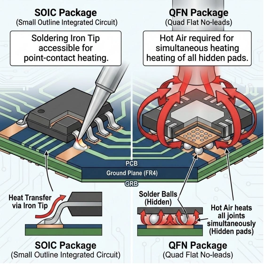 soic (accessible leads) vs qfn (hidden thermal pad) packages