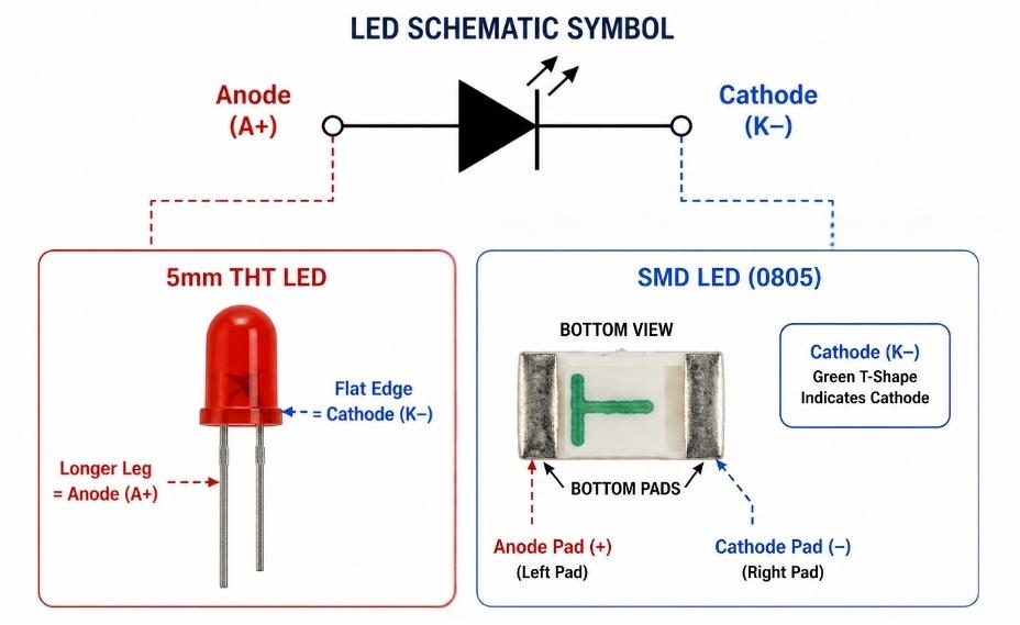 the anode and cathode of an led schematic symbol