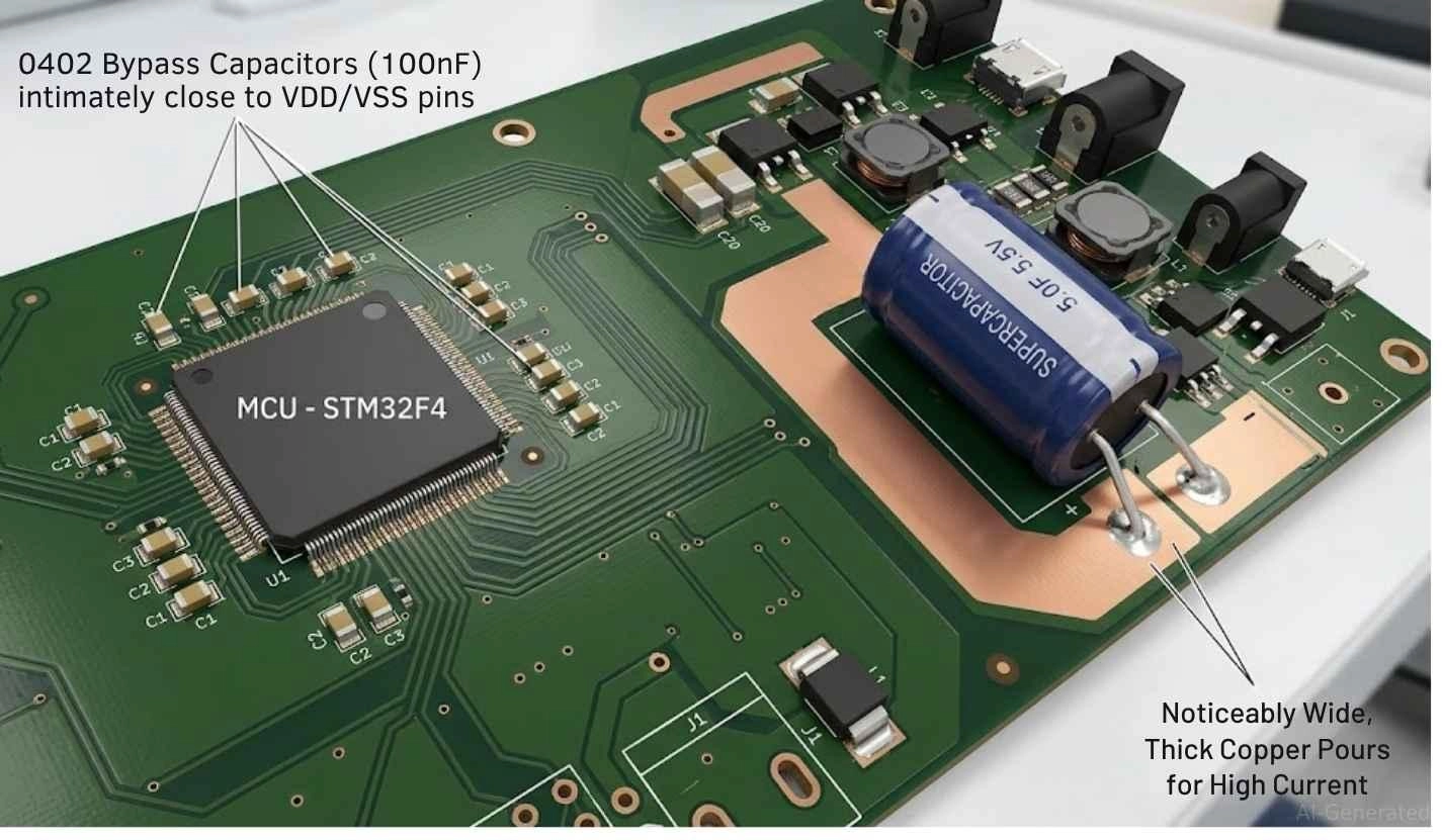 trace width differences for bypass capacitor vs supercapacit