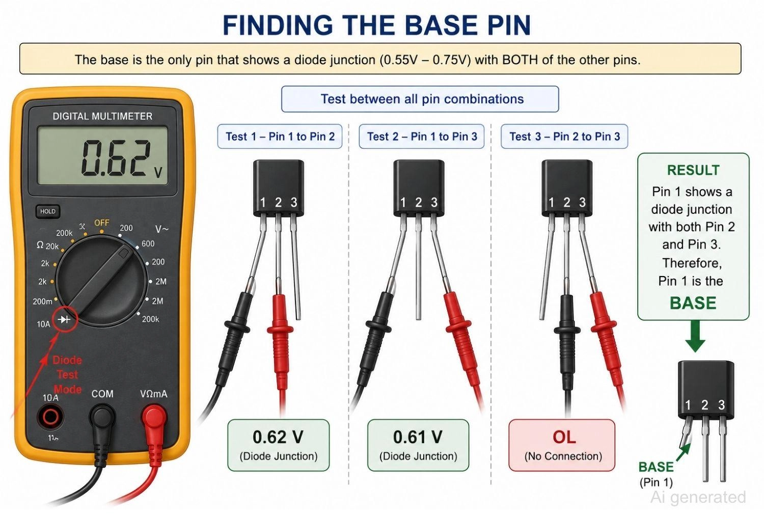 transistor base pin test with multimeter probes