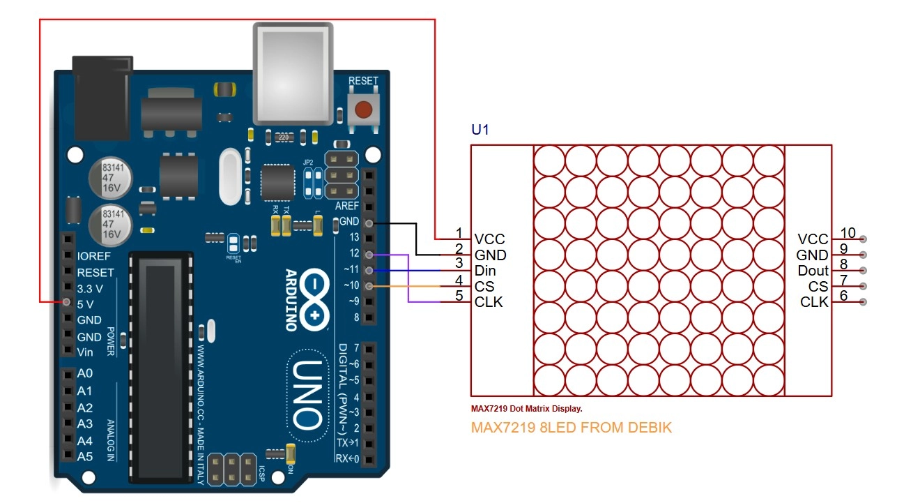 wiring connection arduino uno and max7219 8x8 led matrix