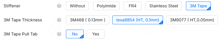 JLCPCB 3M tape stiffener selection options for flexible PCB