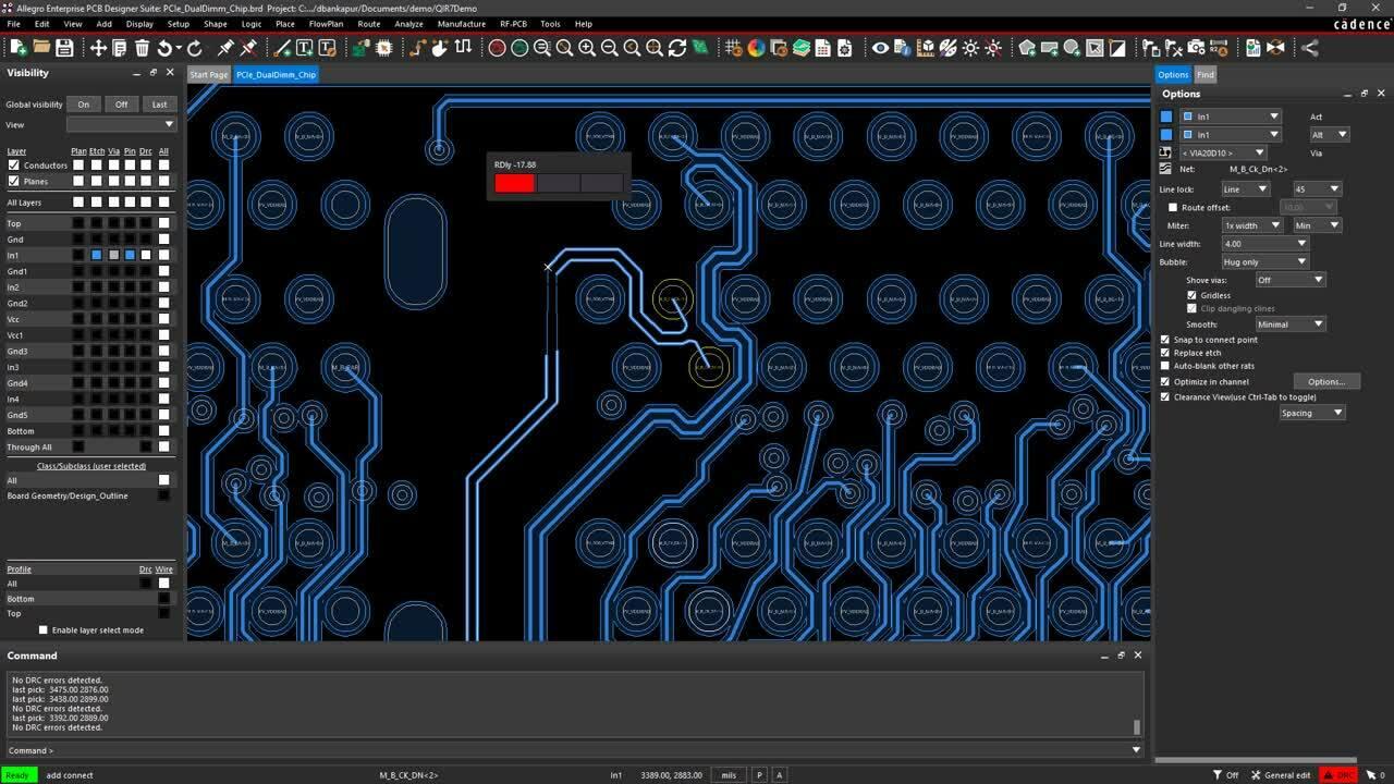 High-level view of professional PCB design software. The interface displays intricate high-speed signal routing, differential pairs, and layer management for a complex electronic design.
