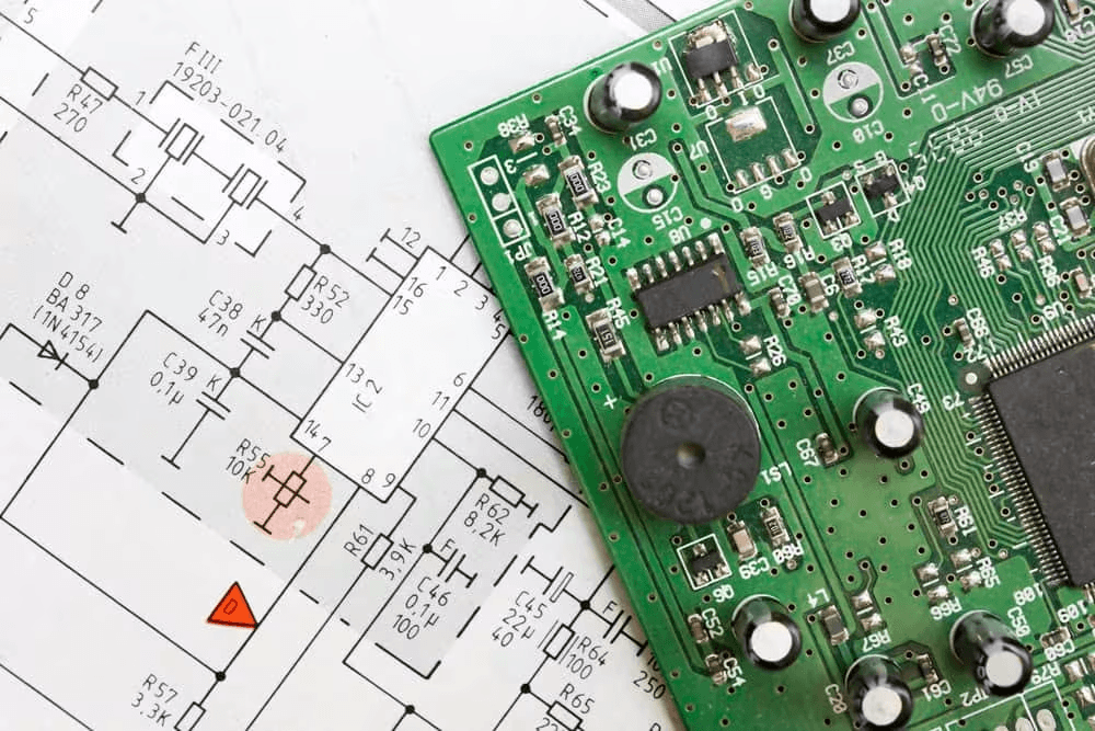 PCB design drawing with a physical green circuit board
