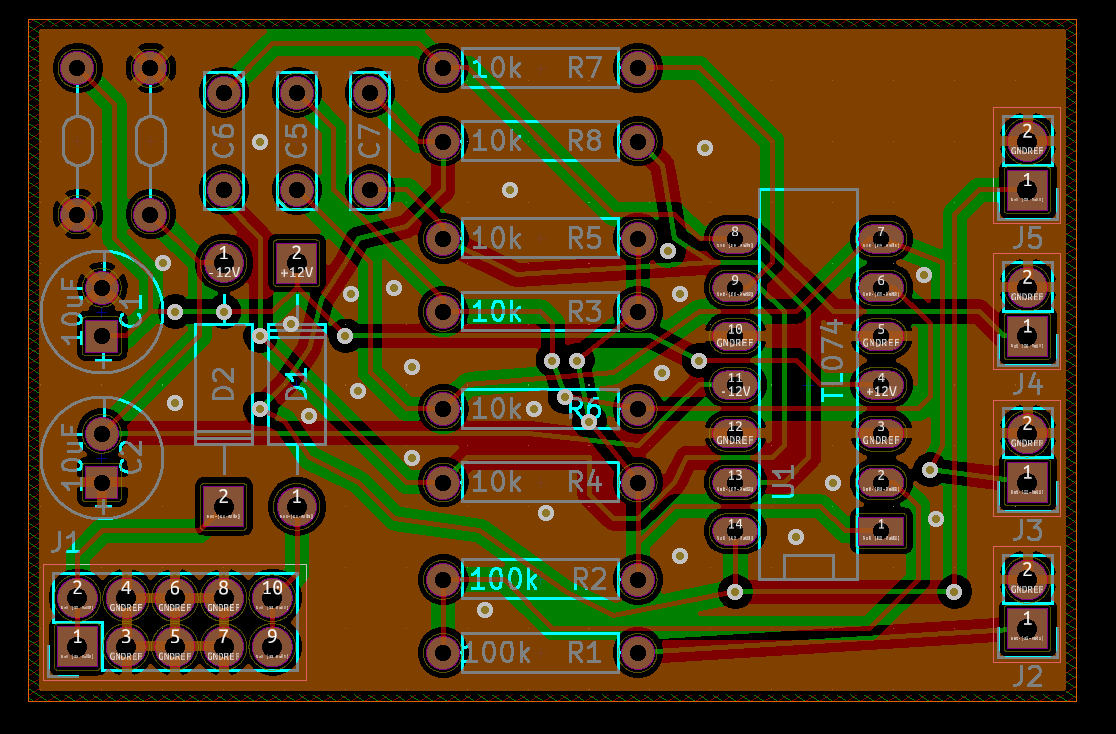 Technical 2D view of a circuit board design. This layout shows copper traces, through-hole component pads, and electrical connections for a hobbyist or industrial electronics project.