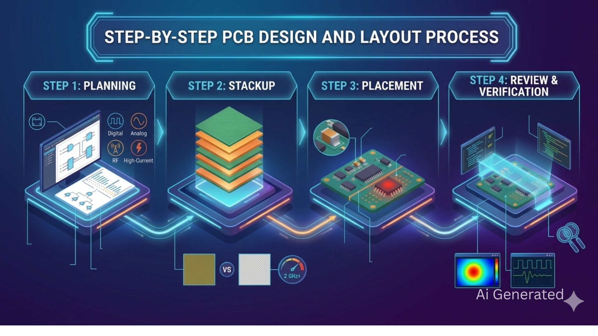 A comprehensive step-by-step PCB design workflow. The infographic covers schematic planning, material stackup selection, component placement, and final design verification.