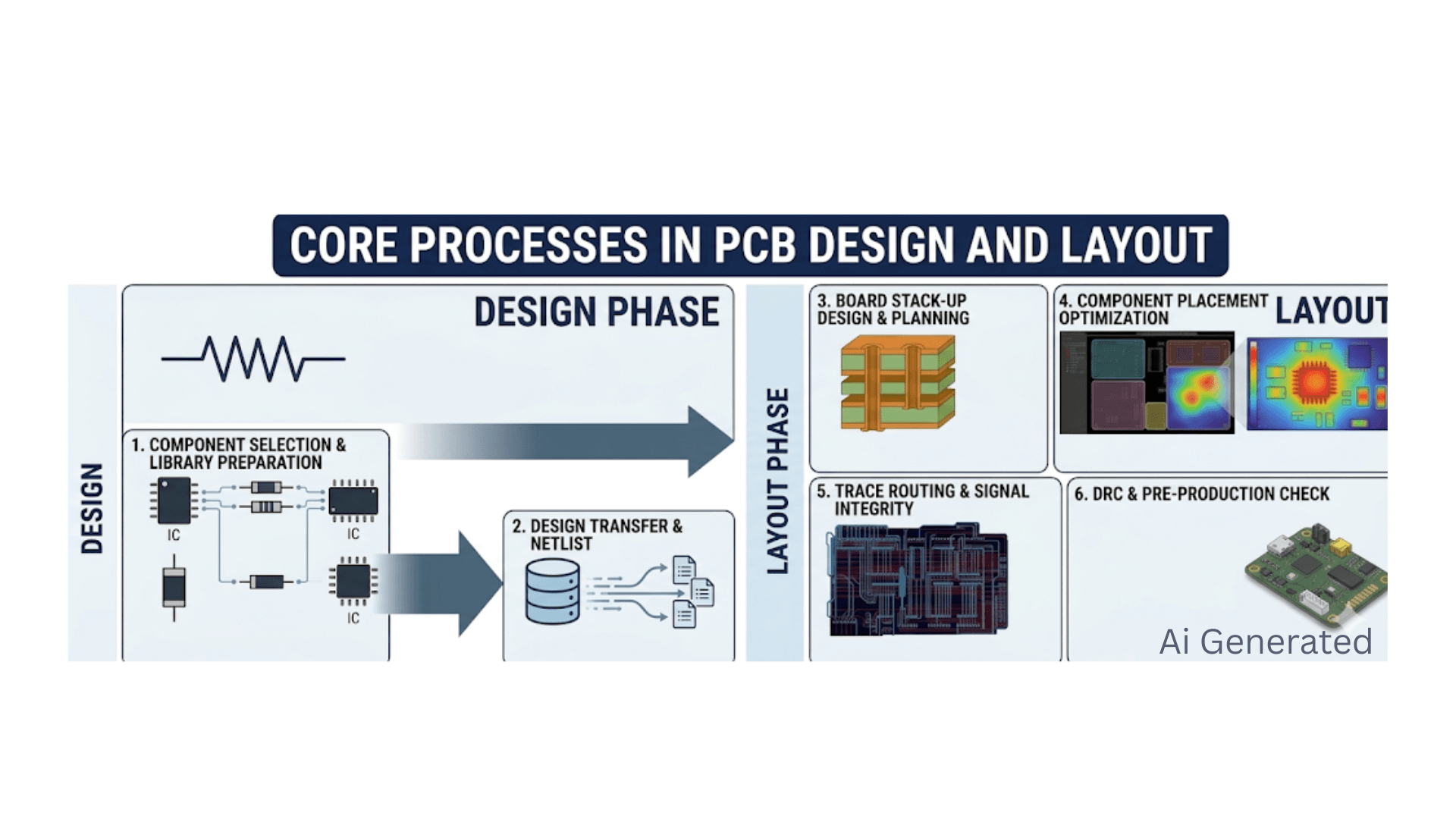 Infographic of the 6 core stages of the PCB design and layout workflow
