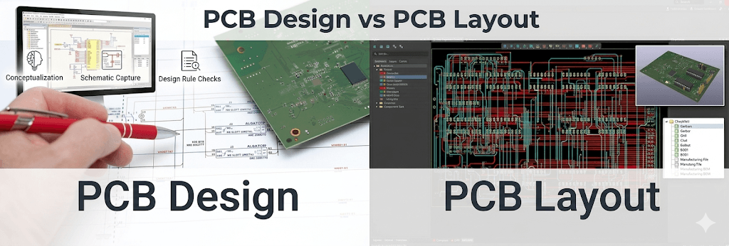 Comparison graphic showing PCB Design schematic vs. physical PCB Layout traces