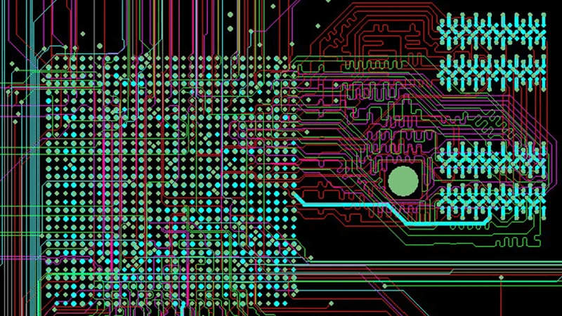 Ultra-dense vector PCB routing diagram with color-coded multi-layer traces and a large BGA processor via pattern