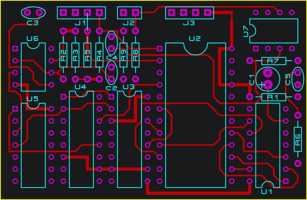 Vector diagram of a multi-layer PCB layout design showing component footprints and traces on a black background