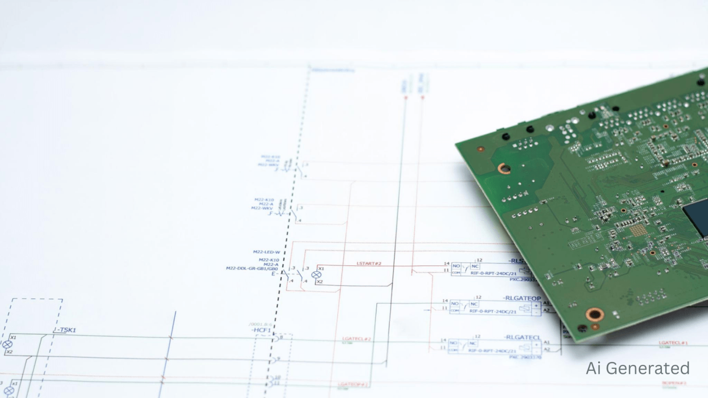 PCB board on top of circuit schematic showing design-to-layout process