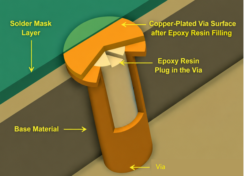 3d illustration of the via in pad process