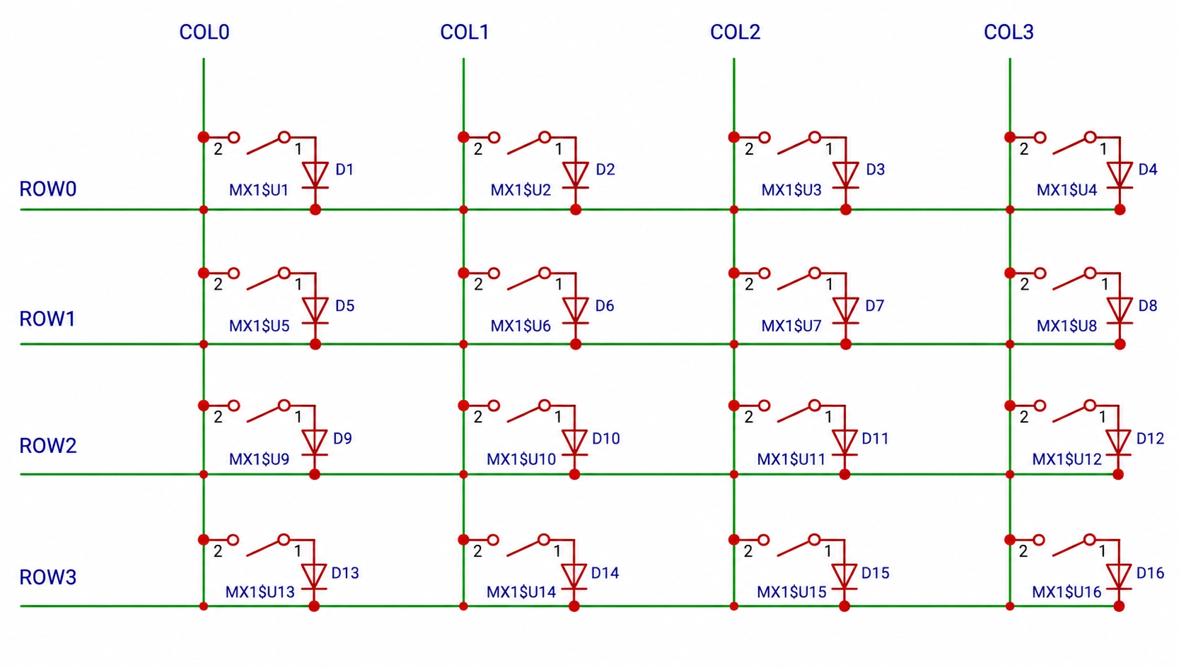 4×4 keyboard matrix with one diode per switch