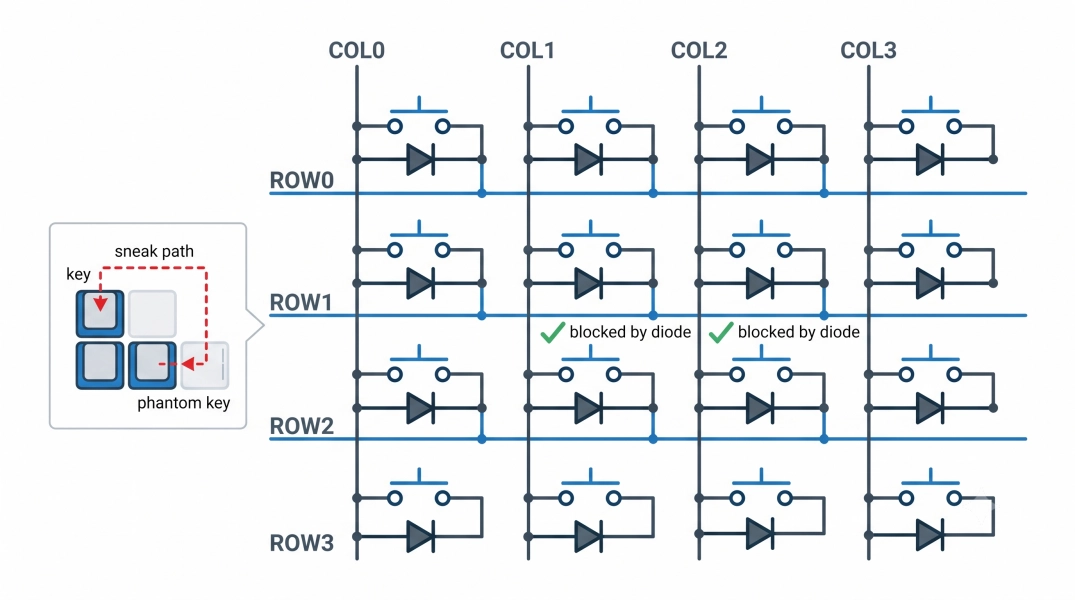 a 4×4 keyboard matrix with one diode per switch