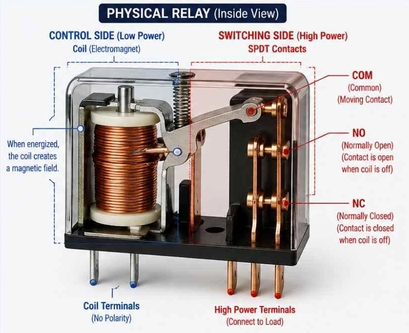 a relay showing the coil contacts and load