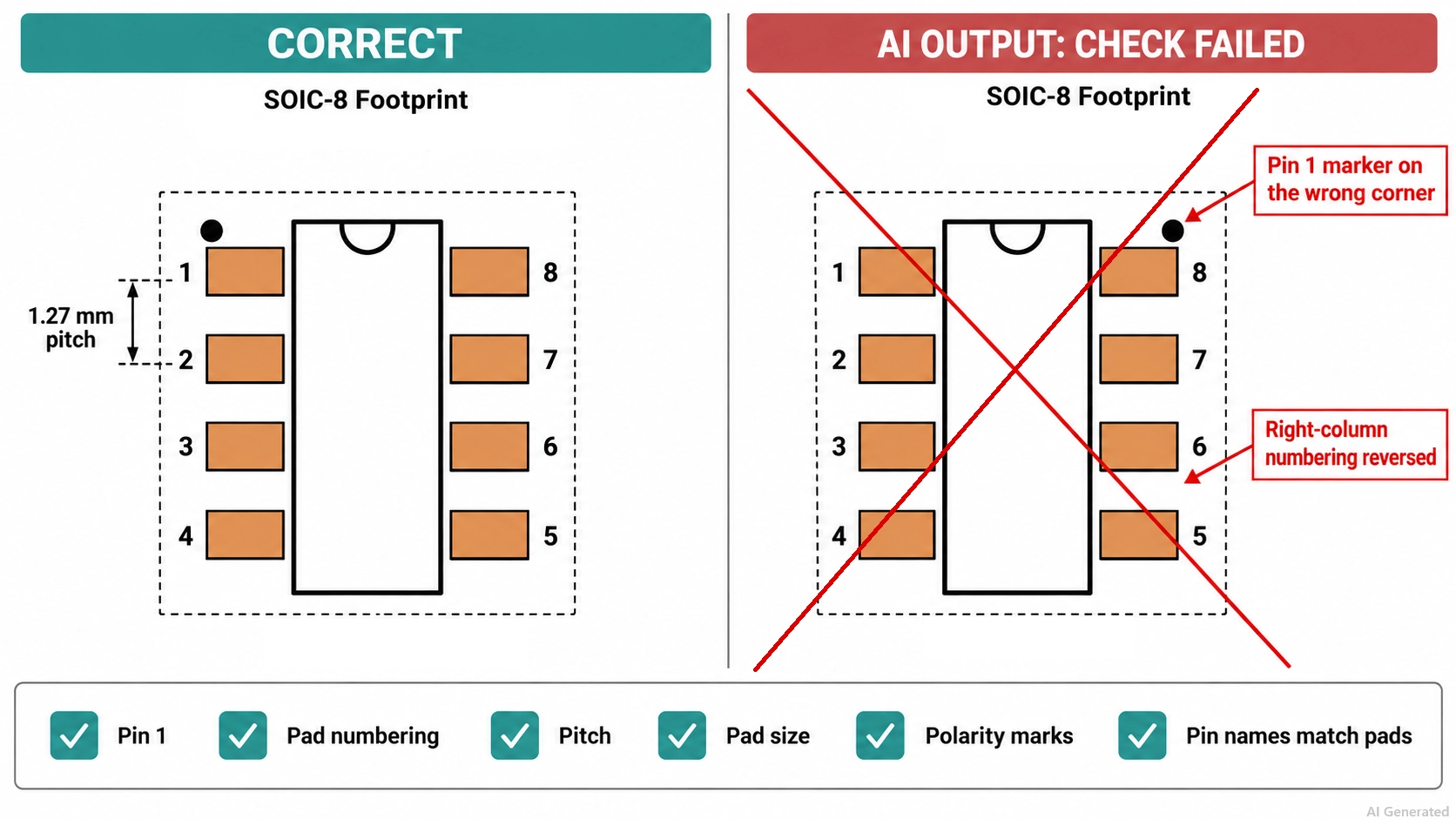 ai generated footprint for pin 1 pad numbering and pitch
