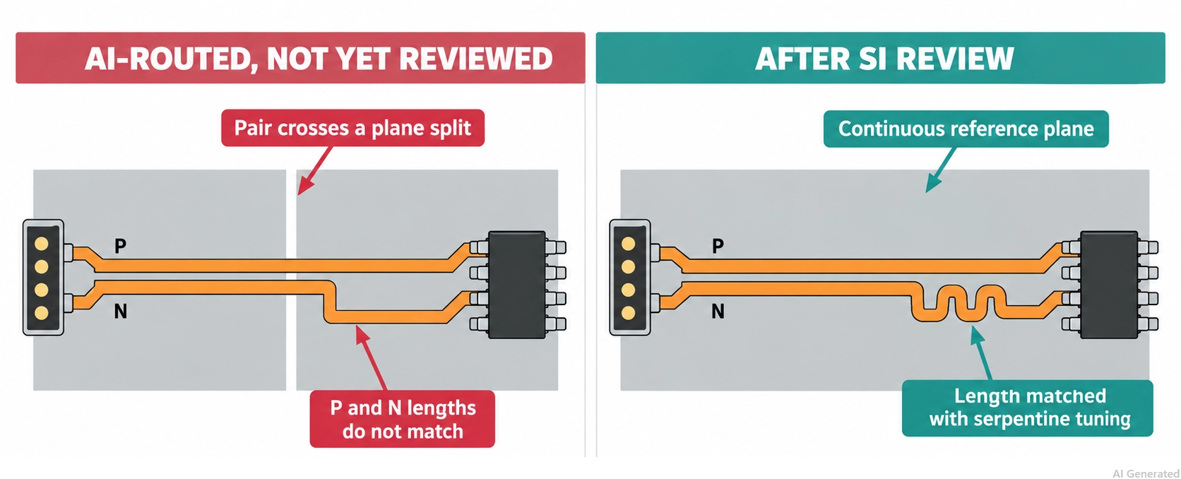 ai routed differential pair checked for plane continuity