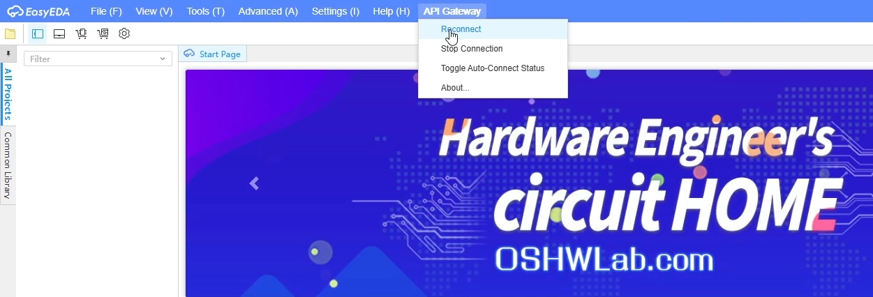 api gateway reconnect menu in easyeda pro