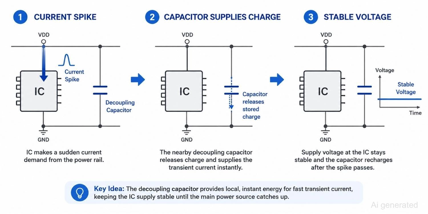 decoupling capacitor stabilizes ic supply voltage