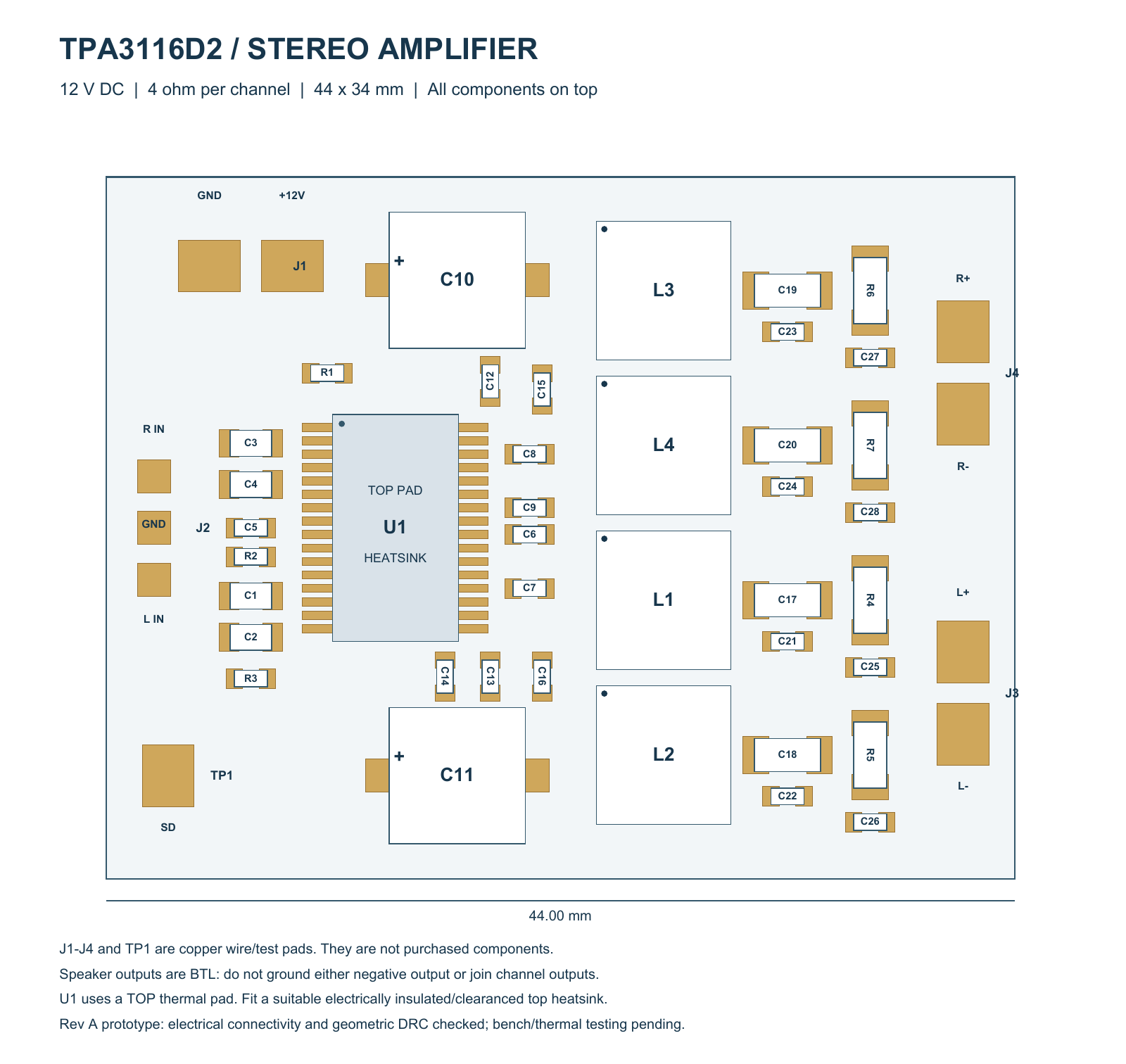 exported assembly map of the 44 × 34 mm amplifier