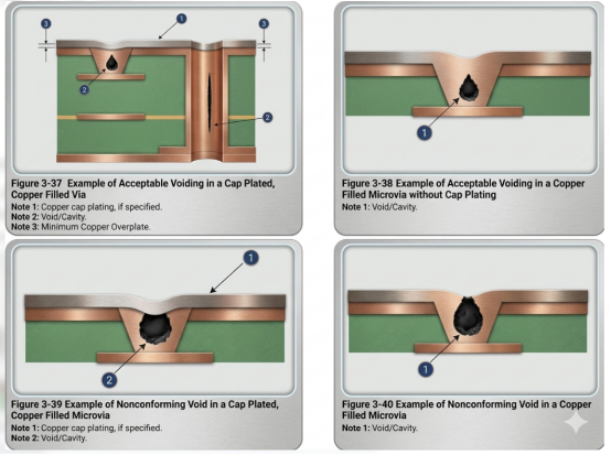 four figures of voids in copper filled microvias