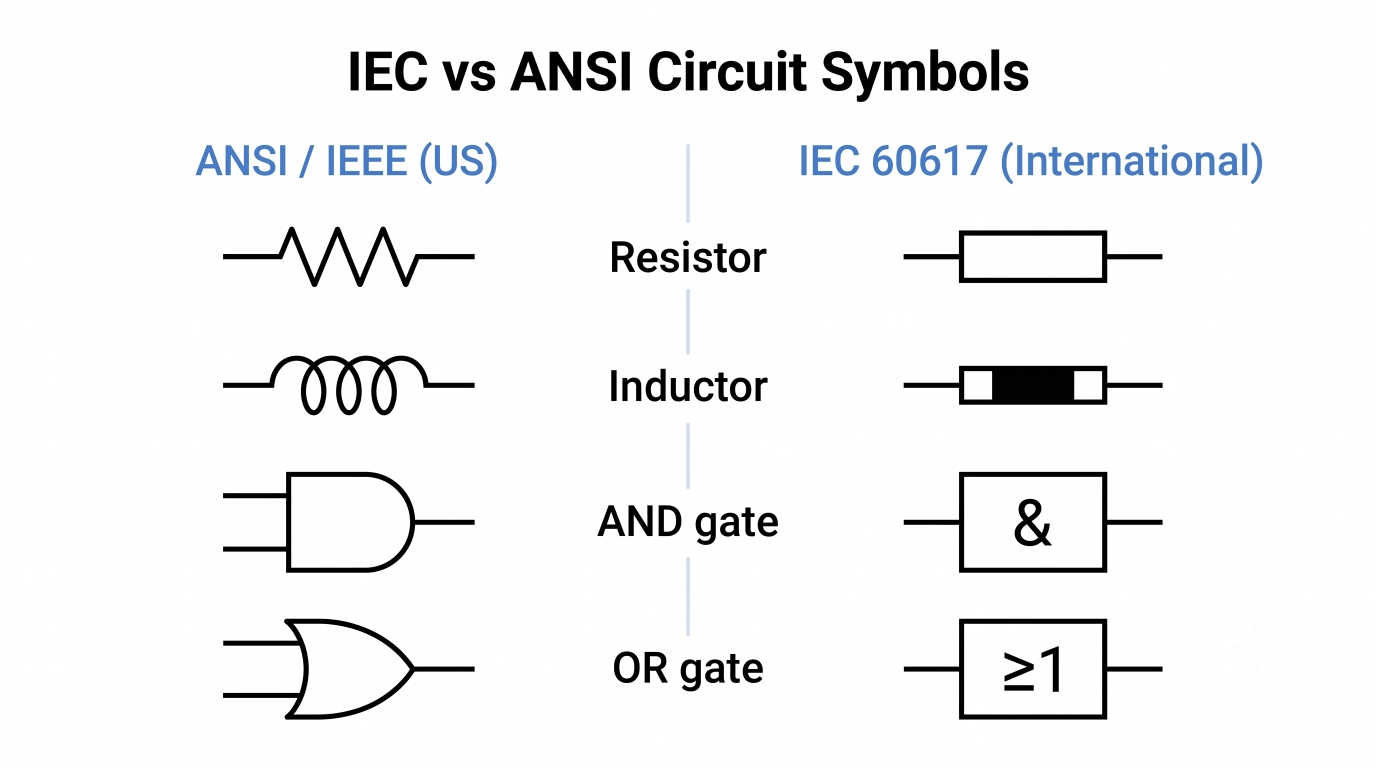iec vs ansi circuit symbols for resistor and logic gates