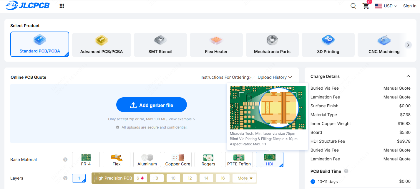 jlcpcb hdi online quote page