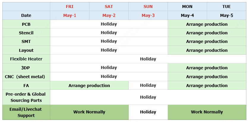 jlcpcb may day holiday schedules