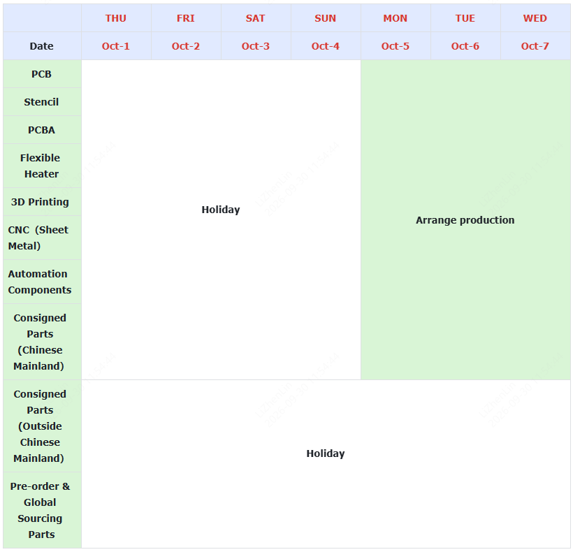 jlcpcb oct holiday schedule 2026