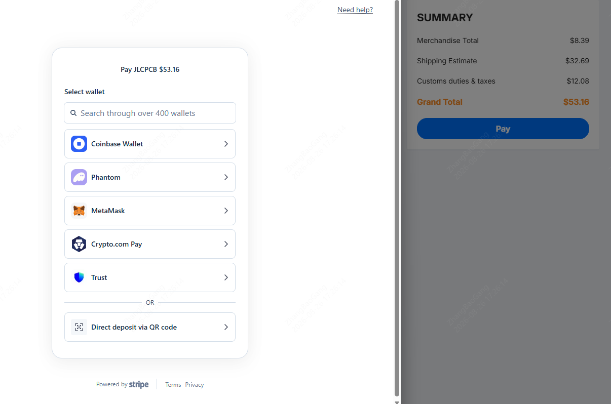 jlcpcb patment wallet connect page