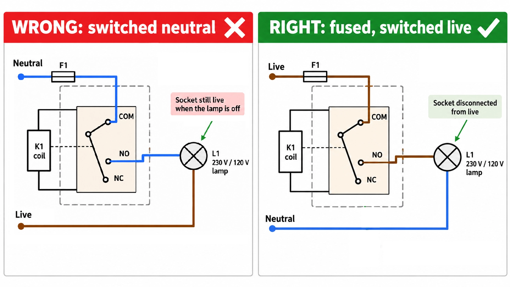 relay wiring safety rules for mains loads