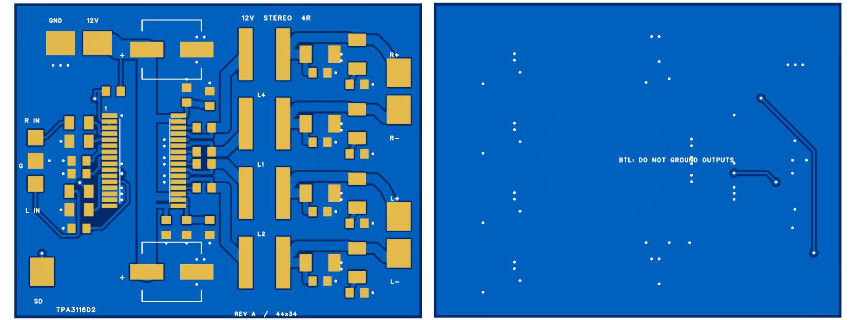 render of tpa3116d2 audio amplifier pcb top and bottom layer