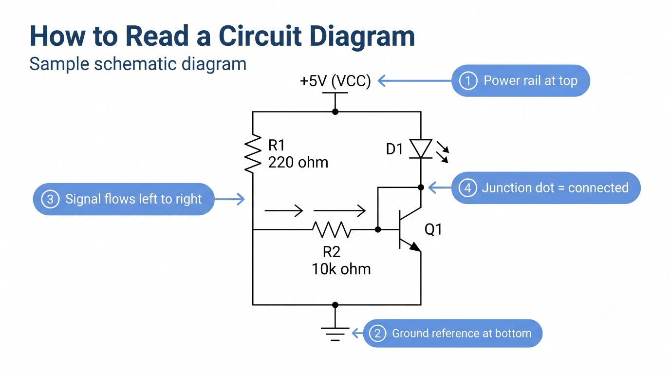 schematic power rail, ground, signal path, component labels