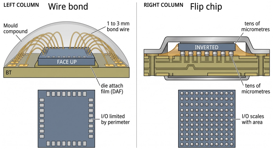 wire bonding vs. flip chip packaging
