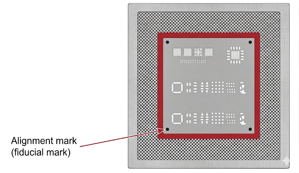 A framed SMT stencil with  a fiducial mark