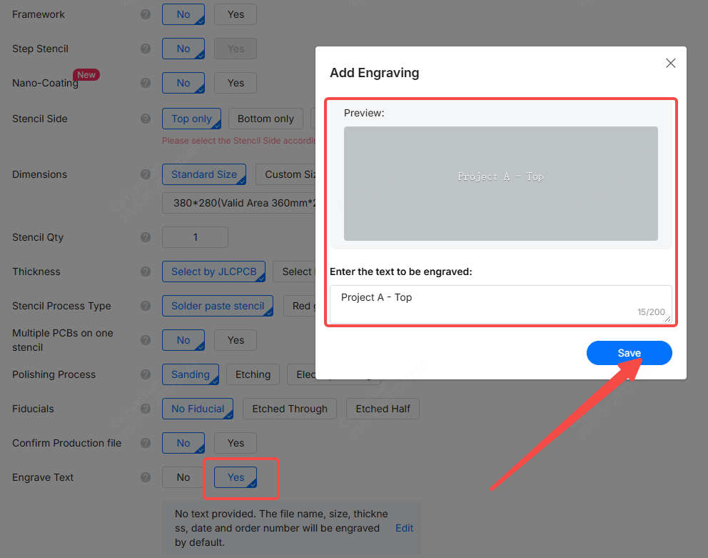 Add Engraving window previewing text before saving